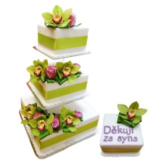 Patrový čtvercový vyšší dort s orchidejemi